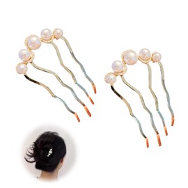 TVETE Clips, U-Shaped Hair Comb, Hair Clip, Pearl Hair Comb, U-Shaped Hairpin, Gold, Ball Wrap Comb, Retro, Sparkly Hair Ornament, Pearls and Rhinestones, Cute, Party, Hair Accessory, Glamorous