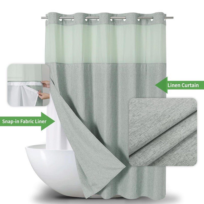 eachope Extra Long No Hooks Needed Linen Textured Shower Curtain