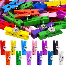 Hmjpng 50 Pieces Wooden Push Pin Clips Mixed Colors Wood Clip Thumbtacks Clothespins Decorative Clips Pushpins Tacks for Cork Boards Artworks Notes Photos Papers Craft Projects