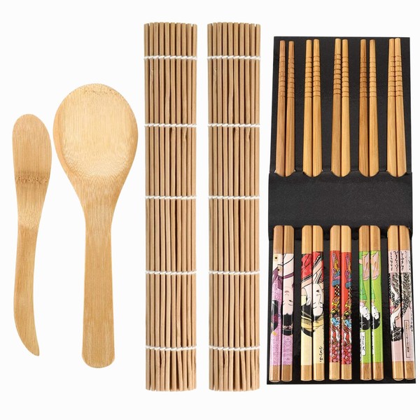 Boao Sushi Set, 2 Bamboo Sushi Mats, 5 Pairs of Chopsticks, 1 Rice Shaker - 1 Paddle, Sushi Set to Make Yourself for Beginners for 4 People