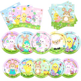 Juweked 60Pcs Easter Plates and Napkins Easter Disposable Dinnerware with Happy Easter Bunny Chick and Easter Eggs Hunt for Spring Party Birthday Party Easter Party Decorations and Supplies
