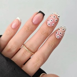 SXVME Black French Tip False Nails Short Square Press on Nails with Cute Floral Design Full Cover Natural Nude Acrylic Glue on Nails for Women Daily Wear 24 Pcs