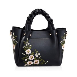 NICOLE & DORIS Embroidered Handbag for Women Bucket Bag Elegant Shoulder Bag Zipper Crossbody Bag Top Handle Bag Satchel Handbag with Weaving Handle Black