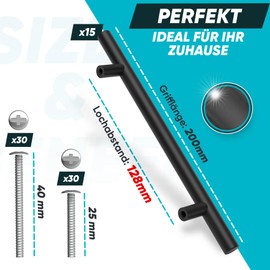 BAILROP Kitchen Cabinet Handles Black, Cabinet Handles 128 mm - Kitchen Handles, Door Handles Kitchen and Furniture Doors, Cabinet Handles Black, Furniture Handles, Pack of 15