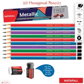 NATARAJ Metallic Super Black Pencils - 10 Pencils + Free Eraser and Sharpener
