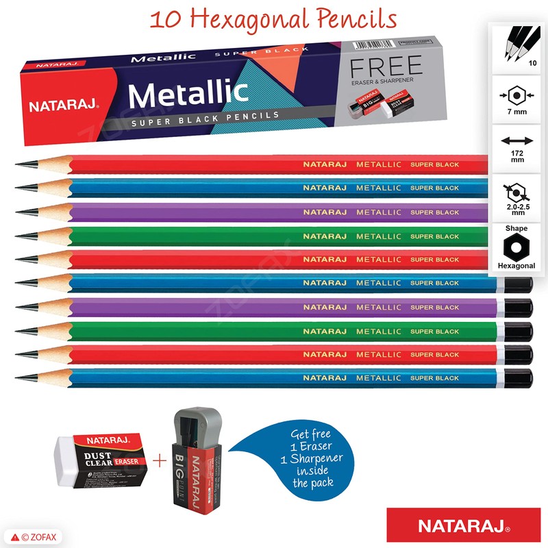 NATARAJ Metallic Super Black Pencils - 10 Pencils + Free