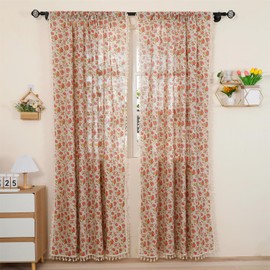 Moslovstar 1 Pair Floral Linen Curtains Rustic Country Style Sheer Window Curtains with Pockets Beige Tassels 52x96 Inch Red Rose on Beige