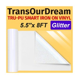 TransOurDream Tru-PU Smart Iron On Vinyl for JOY, White Glossy Glitter Heat Transfer Vinyl, 5.5in x 8ft HTV Vinyl Roll, 5.5 iron on vinyl for T-Shirts, Matless Cutting, Thinner, Soft, Sticky, Stretchy