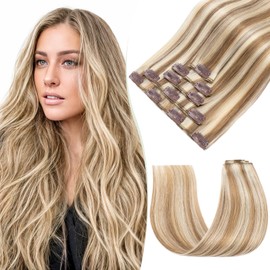 TESS Human Hair Extensions Clip in Real Hair Highlight Remy 5 Pieces Straight Natural Hairpieces for Women/Girls (#12P613 Golden Brown & Bleach Blonde, 18 Inch 70g)