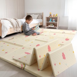 Extra Large Foldable Play Mat, Reversible Baby Play Mat, Non-Toxic & Waterproof Baby Mat for Floor, Foam Play Mat with Travel Bag for Infants Toddlers Tummy Time, Rainbow, Cloud & Moon, 79x71 inches