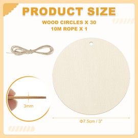 PATIKIL Wood Circles for Crafts, 3 inch Blank Unfinished Wood Round Slice Wooden Ornament Discs DIY Art Supplies with Rope for Crafting Holiday Party Small Business, 30 Pcs