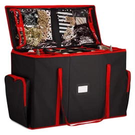 ZOBER All in One Christmas Ornament Storage Box & Decoration Container - Easy Access Removable Trays, Keeps 73 Ornaments - Adjustable Extent Area for Figurines and Pockets for Decoration - Black