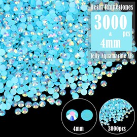 Wholesale Bulk Bags 3000PCS 4mm Resin Flat Back Rhinestone, Jelly Aquamarine AB Round Non Hotfix Flatback Resin Rhinestones for Nails, Tumblers, DIY Bling Embellishments, Loose Glitter Crystal Stone