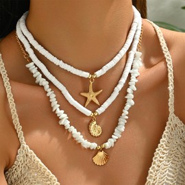 haolry Shell Seashell Necklace for Women Adjustable Gold-Tone Boho Beach starfish Jewelry Layered Summer Charm,White