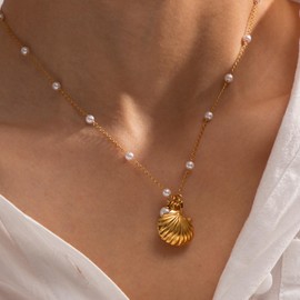 RadiVibe Gold Sea Shell Starfish Charm Necklace Jewelry for Women Boho Layered Shell Starfish Necklace Fashion Accessories Summer Beach Vacation Clothes Dresses 2025