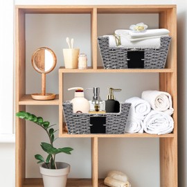 OUTBROS Storage Box Hand-Woven Wicker Storage Baskets, Multipurpose Open-Front Bin, Shelf Nesting Baskets, Desktop Makeup Organizer Container with Built-In Carry Handles, Paper Rope, Grey