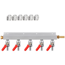 MRbrew Gas Manifold CO2 Gas Distributor, 5/16'' Barb Fitting Beer Kegerator Splitter, 5-Way Air Distributor with Integrated Check Valves & Hose Clamps