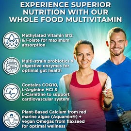 Vegan Whole Food Daily Multivitamin with Iron, Methylated Multivitamin for Women and Men, Made with Fruits & Vegetables, B-Complex, Probiotics, Enzyme