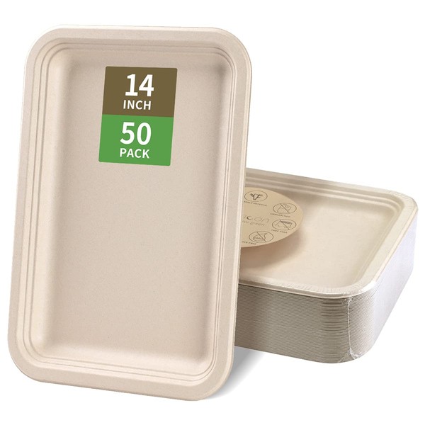 bloomoon 50 Pack 14 Inch Heavy-Duty Disposable Food Trays, Compostable 14 Inch Extra Large Paper Platter Plates Serving Crawfish, Lobster, Crab, BBQ at Party