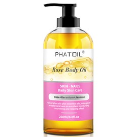 PHATOIL Rose Body Oil with Pump, 260 ml (8.8 fl.oz) Premium Quality Massage Oil for All Skin Types, Blends of Natural Plant Oils and Essential Oils