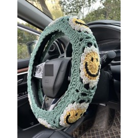 YDMZZB Handmade Crochet Sun Smiling face Car Steering Wheel Covers Universal 14-15 inch,Cute Steering Wheel Cover,Car Accessories (Sun Steering Wheel Cover)