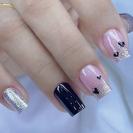 Black Love Heart Press on Nails Short Square Valentines Fake Nails with Black Love Heart Design Silver Glitter False Nails Valentine Glue on Nails Artificial Stick on Nails for Women Girls 24Pcs