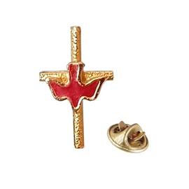 Lapel Pin Brooch - Red Dove on Gold Cross Confirmation/Communion/Religous Badge