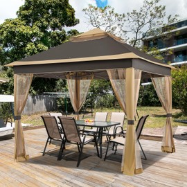 Yaheetech 11x11 Pop Up Gazebo Outdoor Canopy Shelter, Instant Patio Gazebo Sun Shade Canopy Tent with 4 Sandbags, 2 Tiers Roof & Mesh Netting for Lawn, Garden, Backyard & Deck, Brown