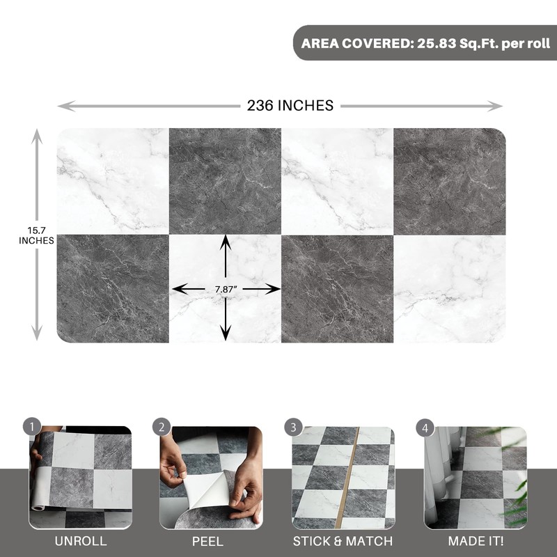 Checkered Peel and Stick Vinyl Flooring Roll – 15.7"x 236"