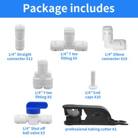 Sweezwon 1/4" Quick Connect Push-to-Connect Water Line Fittings Kit for RO/DI Water Filter, Refrigerator, Ice Maker (Ball Valve + T + L + Y + I + Professional Tubing Cutter, 24 Pcs)