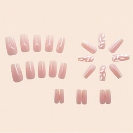 Pink Press on Nails Medium Fake Nails Square False Nails Gradient Fall Artificial Nails with White Leaves Design Full Cover Stick on Nails Autumn Winter Glue on Nails for Women Girls Manicure 24Pcs