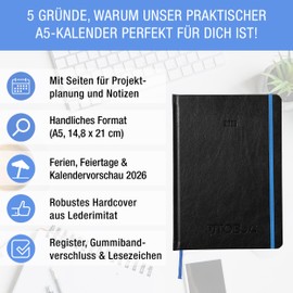 TOBJA 2025 A5 Diary - One Week on Two Pages, Half-Hour Timing from 6-21 Clock - Book Calendar 2025 A5 Hardcover with Elastic Closure, 1 Ribbon Bookmark, Project Planning Pages (Nero Blue)