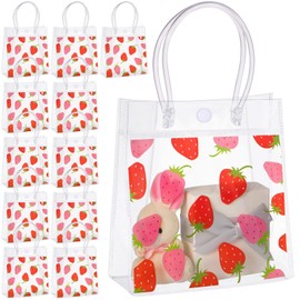 Kolldenn 24 Pcs Strawberry Clear Plastic PVC Gift Bags with Handles Strawberry Party Favor 5.9 x 2.8 x 6.3 Inches Shopping Handbags Candy Themed Goodie Holder Party Supplies Birthday Treat