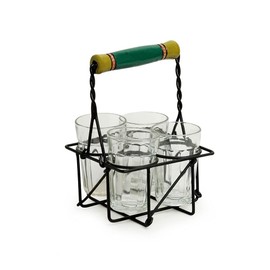 ExclusiveLane 'The Railway Nostalgia' Tea Glasses with Iron Holder (Set of 4, 120 ML) - Cutting Chai Glasses with Stand Indian Style Tea Glass Tea Cup Handpainted Iron Carrier Stand Organizer