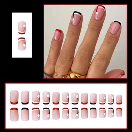 Red Black Santa Hat Press on Nails Short Square Fake Nails French Tip False Nails Winter Christmas Full Cover Acrylic Glue on Nails Cute Stick on Nails Winter Holiday Artificial Nails for Women, 24Pcs