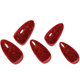 GLAMERMAID Red Glitter Press on Nails Medium Almond, Burgundy Handmade Soft Gel Oval Fake Nails Short, Glossy Galaxy Glue on Nails for Women, Shrimmer Bright Red False Nail Kit Stiletto Stick on Nails