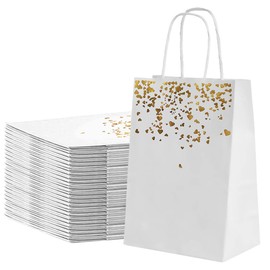 Gift Bag for Party 24 Pieces Kraft Classic Paper with Handles Bulk, Paper Shop Kraft Birthday Restaurant Take Away Shop Retail Sacks, Cardboard, White, Gold, 21x8x15 cm (Pack of 24)