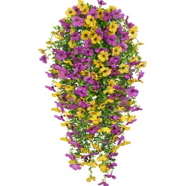 GhuaH 4 Pcs Artificial Hanging Flowers for Outdoors Spring Summer Faux Silk Daisy Flowers UV Resistant Fake Plants Eucalyptus Realistic for Outside Home Indoor Planter Porch Yard Decor Yellow Purple
