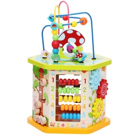 LAVIEVERT 9-in-1 Wooden Play Cube Activity Center Multifunctional Bead Maze Shape Sorter Educational Toys Game for Toddlers & Kids