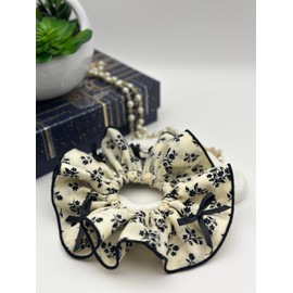 Floral Print Hair Scrunchie with Bow, Cream and Black, Vintage Style