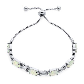 Gemstone Iridescent Oval Figure 8 & White Created Opal Tennis Infinity Bolo Bracelet for Women .925 Sterling Silver Rhodium Plated Adjustable Slide 7"