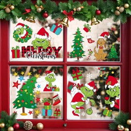 Grinch Christmas Stickers, 9 Sheets Window Stickers Christmas, Grinch Window Decoration Christmas, Double-Sided Christmas Decoration Window Snowflakes Window Decoration for Christmas Party Home Window