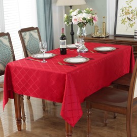 SASTYBALE Christmas Tablecloth Rectangle, Spillproof and Wrinkle Resistant Jacquard Table Cloth with Rhombus Patterns for Dining Room & Holiday Decoration (Red, 132 x 178 cm (4-6 Seats))