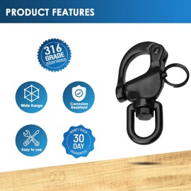 NECMETU Black Snap Shackle 316 Stainless Steel Swivel Shackle Sailing Halyard, Quick Release Snap Hook Boat Shackles Sailboat Hardware for Sailing Rigging Shackles (2-3/4 Inch - 2Pcs)