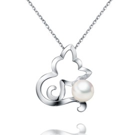 Mr Dora 925 Sterling Silver Cute Cat Freshwater Pearl Pendant Necklace