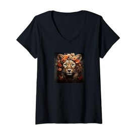Womens Leopard With Flowers Around Boho Style Graphic V-Neck T-Shirt