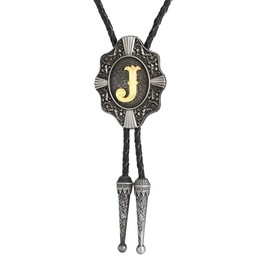 Btilasif Bolo Tie Western Cowboy Intial Letters Bolo Tie ABCDJMR to Z Leather Necktie Jewelry Accessories for Men Women,J