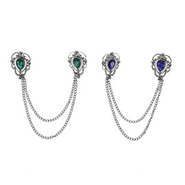 Kisangel 2pcs Mens Gem Brooch Lapel Pin Badge with Hanging Chains Alloy Metal Crystal Collar Brooches Pin for Career Suit Tie Hat Scarf Fathers Day Birthday Blue Green