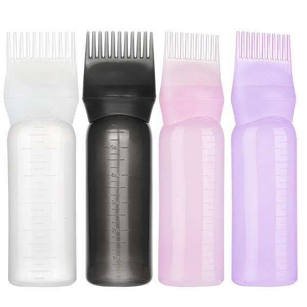 ZSMJAER Pack of 4 Hair Dye Brush Bottle, 160 ml Hair Oil Applicator Hair Dye Brush Bottle Applicator, Comb Applicator, Hair Dye Bottle with Brush (Black, White, Purple, Pink)