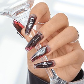 Sethexy Long Ballerina Handmade Nails Press On Glitter Gothic False Nails Red Painted Shiny False Nails Salon Quality for Women and Girls 20 Pieces (N)